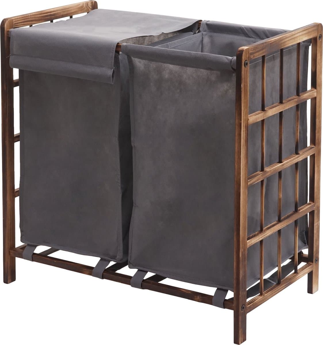 Wasbak MCW-B60, Wasbox wasmand, massief hout 2 vakken 60x60x33cm 68l ~ bruin, grijs deksel — afbeelding 1
