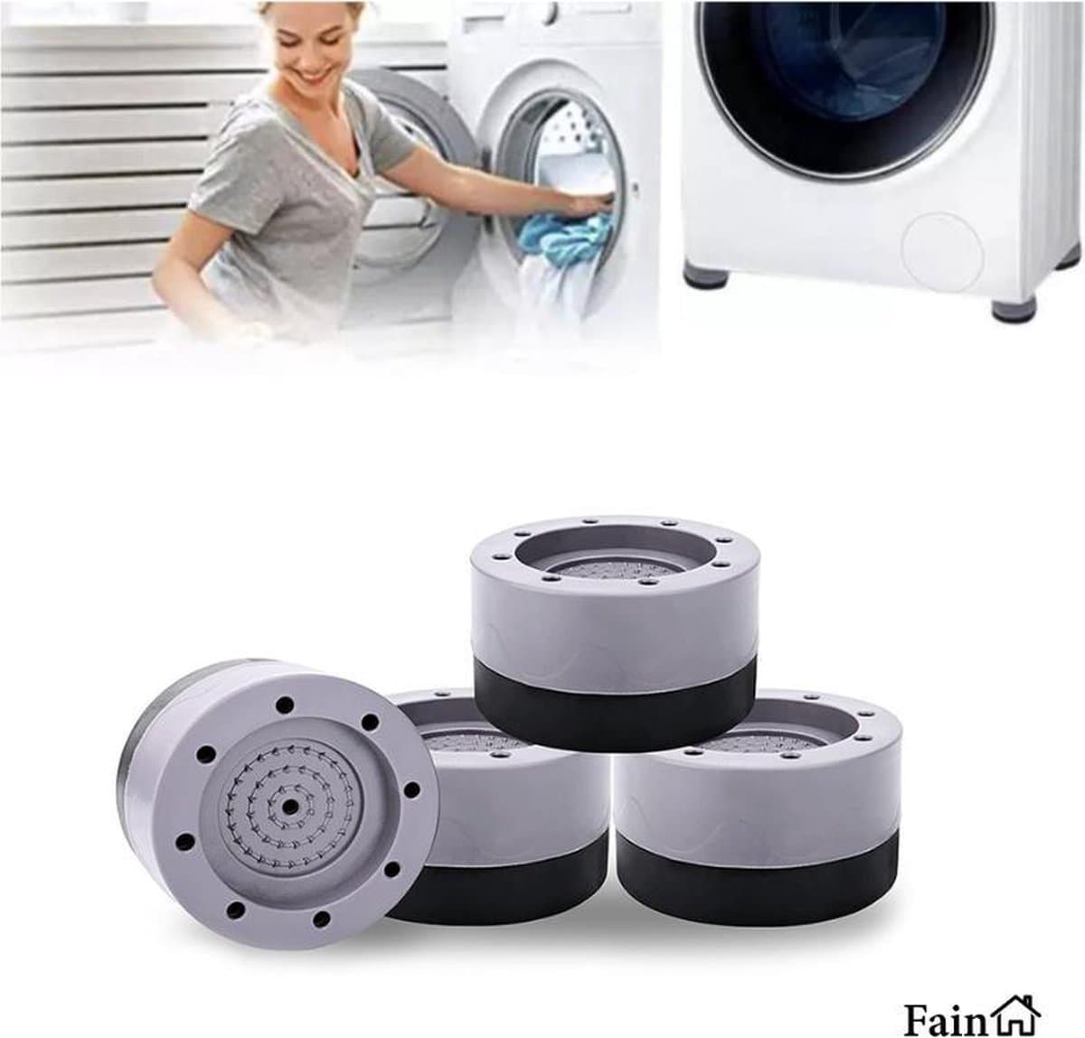 Luxe Trillingsdempers wasmachine – Set van 4 stuks – Grijs - Extra dik - Voetjes wasmachine & droger - Wasmachine demper – Anti trillings / vibratie dempers pads – Antislip rubber – Trillingsmat – Antislipmat - Schokdempers wasmachine — afbeelding 1