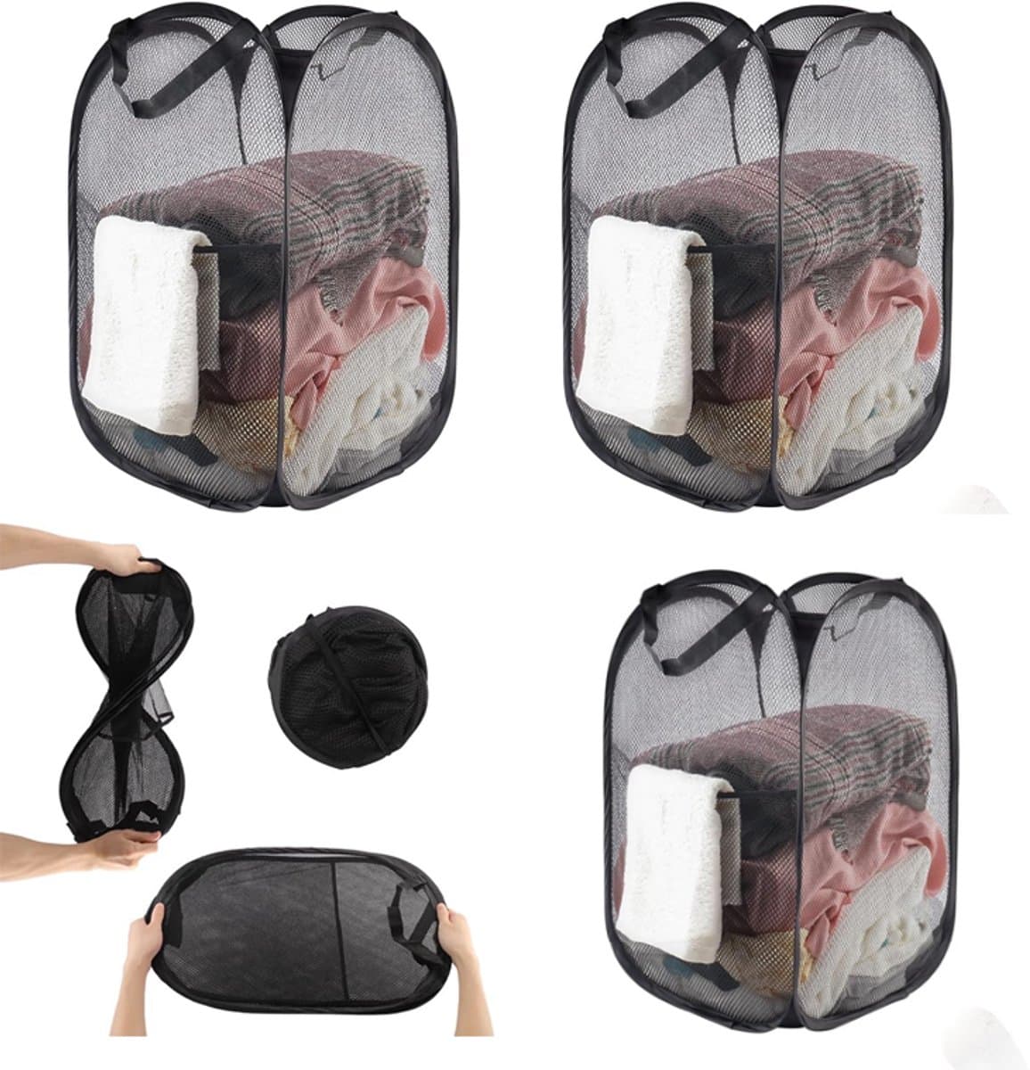 3 stuks wasmand - Opvouwbare wasmand - Pop-up wasmand - Voor badkamer, camping, universiteit, kamer en reizen,Zwart (36 x 36 x 56 cm) — afbeelding 1