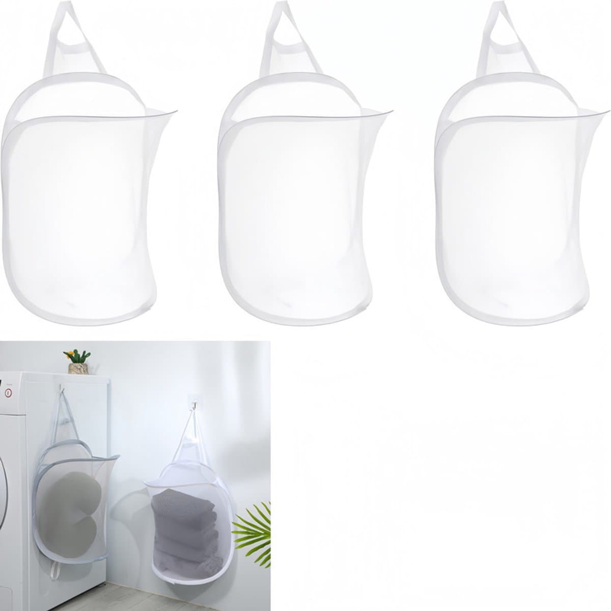 3 stuks - Opvouwbare wasmand voor aan de muur - Hangende wasmand - Wasmand van gaas - Ademend - Met handgrepen - Wit - Voor kleding en speelgoed - Geschikt voor badkamers, camping en hotels — afbeelding 1