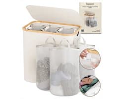 Bellettini® Opvouwbare Wasmand met Deksel - 3 Compartimenten - 600D Oxford Materiaal- Wassorteerder - 148 Liter - Beige