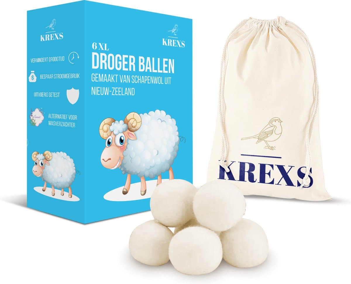 Krexs Drogerballen – 6 Stuks – Wasballen – Wasbollen – Wasdroger Ballen – Droogballen – Wol — afbeelding 1