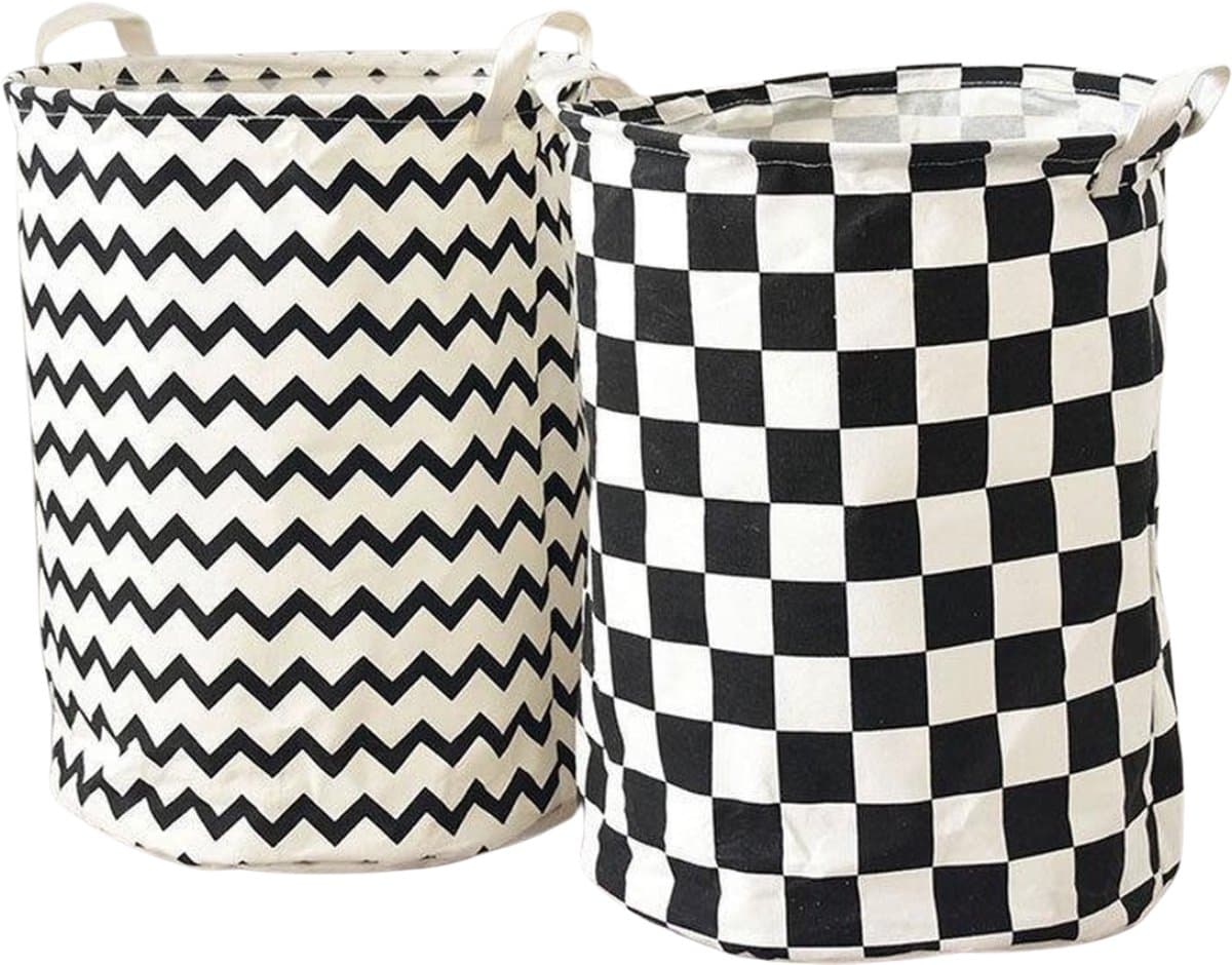 Set van 2 inklapbare ronde Wasmanden - katoen - zwart wit geblokt — afbeelding 1