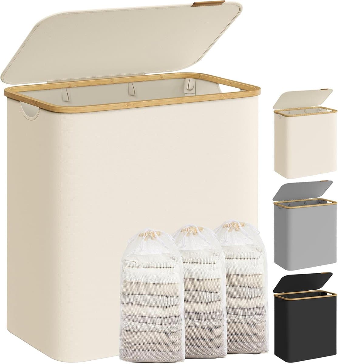 SONGMICS LCB515W01 Wasmand met 3 vakken, 150 liter, wasmand met opvouwbaar deksel, afneembare waszak, oxfordstof, handgrepen van bamboe, opvouwbaar, 60 x 38,5 x 70,5 cm, crèmewit — afbeelding 1
