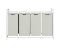 Wasmand 4-vaks sorteermand 116×33×72 cm Wit-grijs Met uittrekbare en afneembare waszakken Lattenrek voor ventilatie Stevig metalen frame Geschikt voor wasruimte, badkamer en slaapkamer