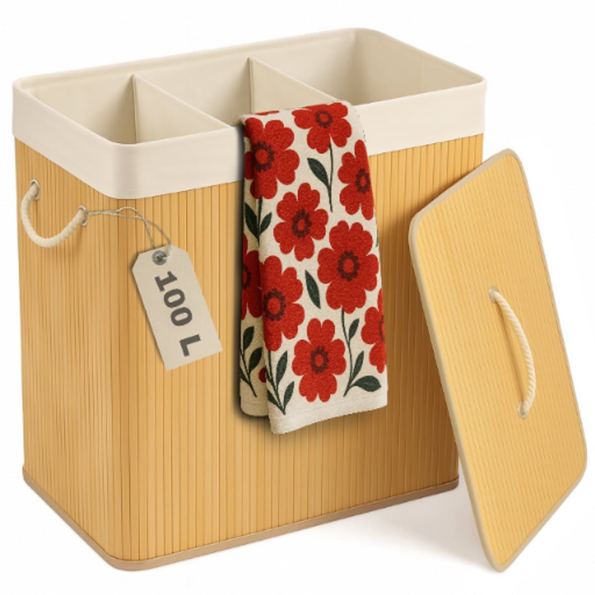More&Deco - Wasmand - 3 Compartimenten - Bamboe - 100L - Beige — afbeelding 1
