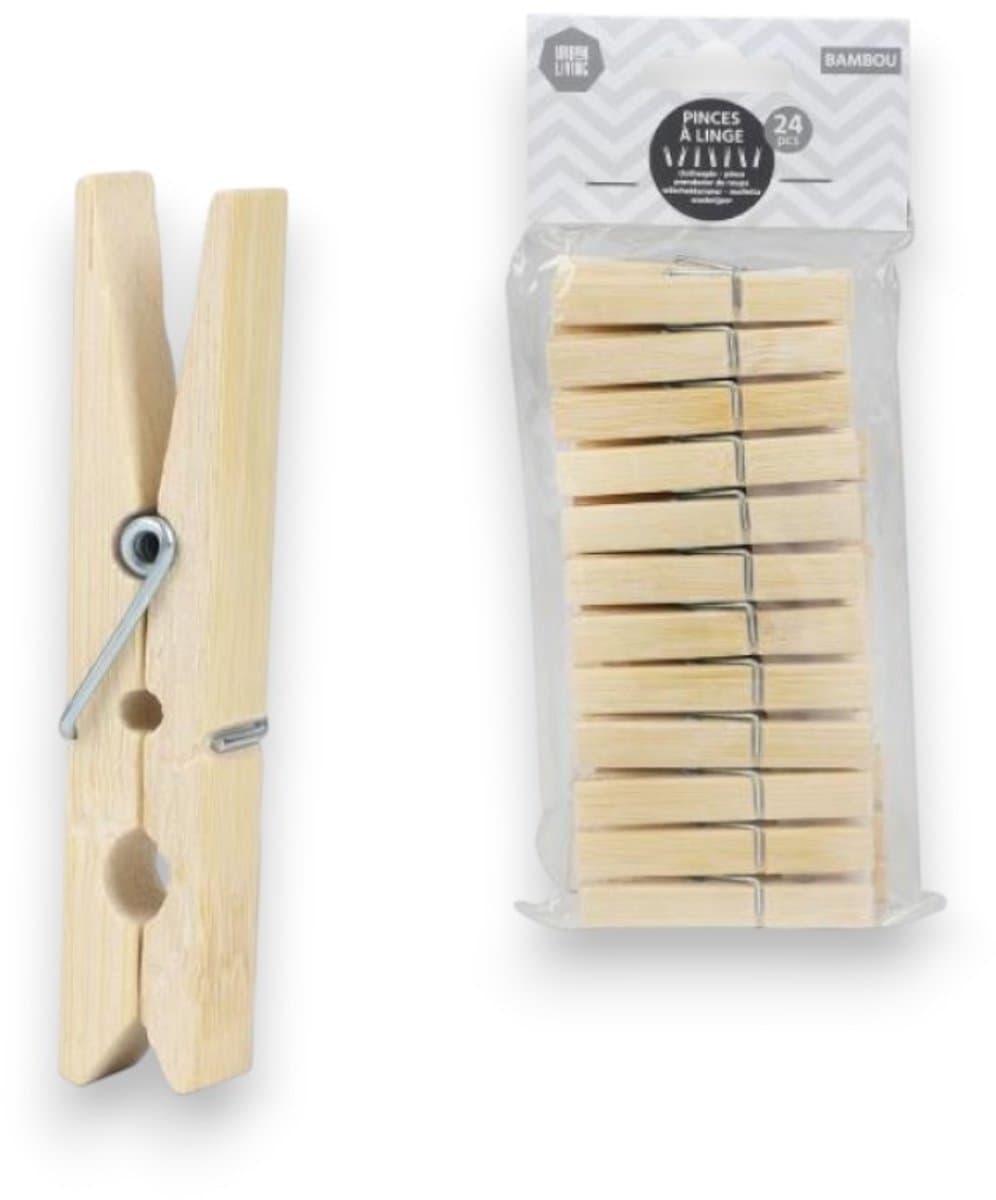Bamboe Knijpers – Set van 24 Stuks – Duurzame Houten Wasknijpers met Metalen Veer – Natuurlijke & Milieuvriendelijke Waslijn Knijpers — afbeelding 1