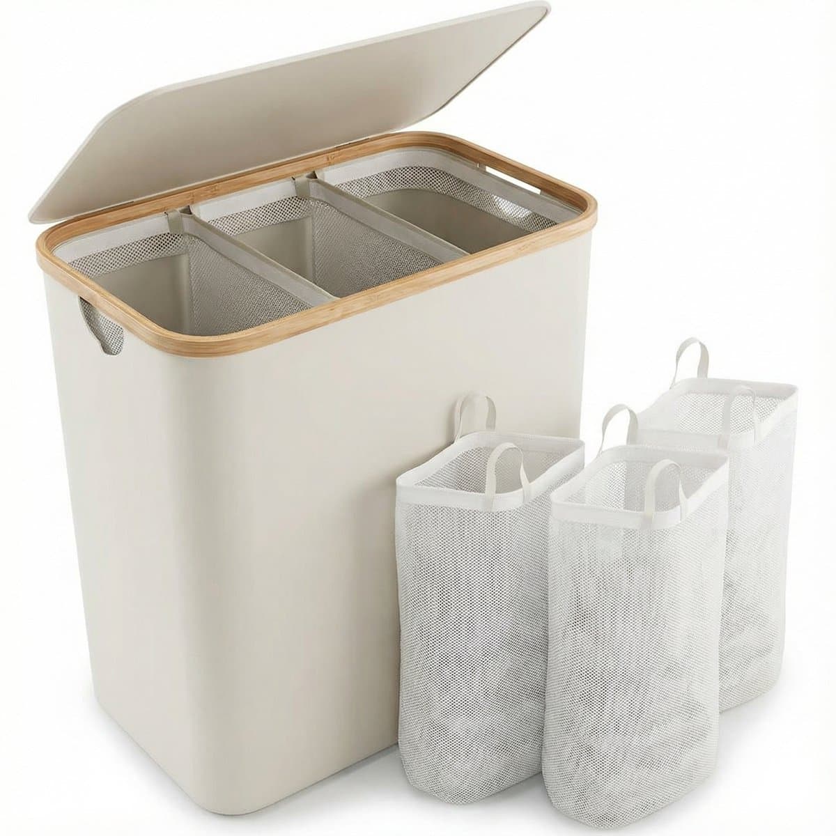 Somstyle Wasmand 3 Vakken - 75 x 57 x 37 CM - Wassorteerder met Deksel - 160 Liter - Uitneembare Binnenzak & Labels - Crème Wit — afbeelding 1