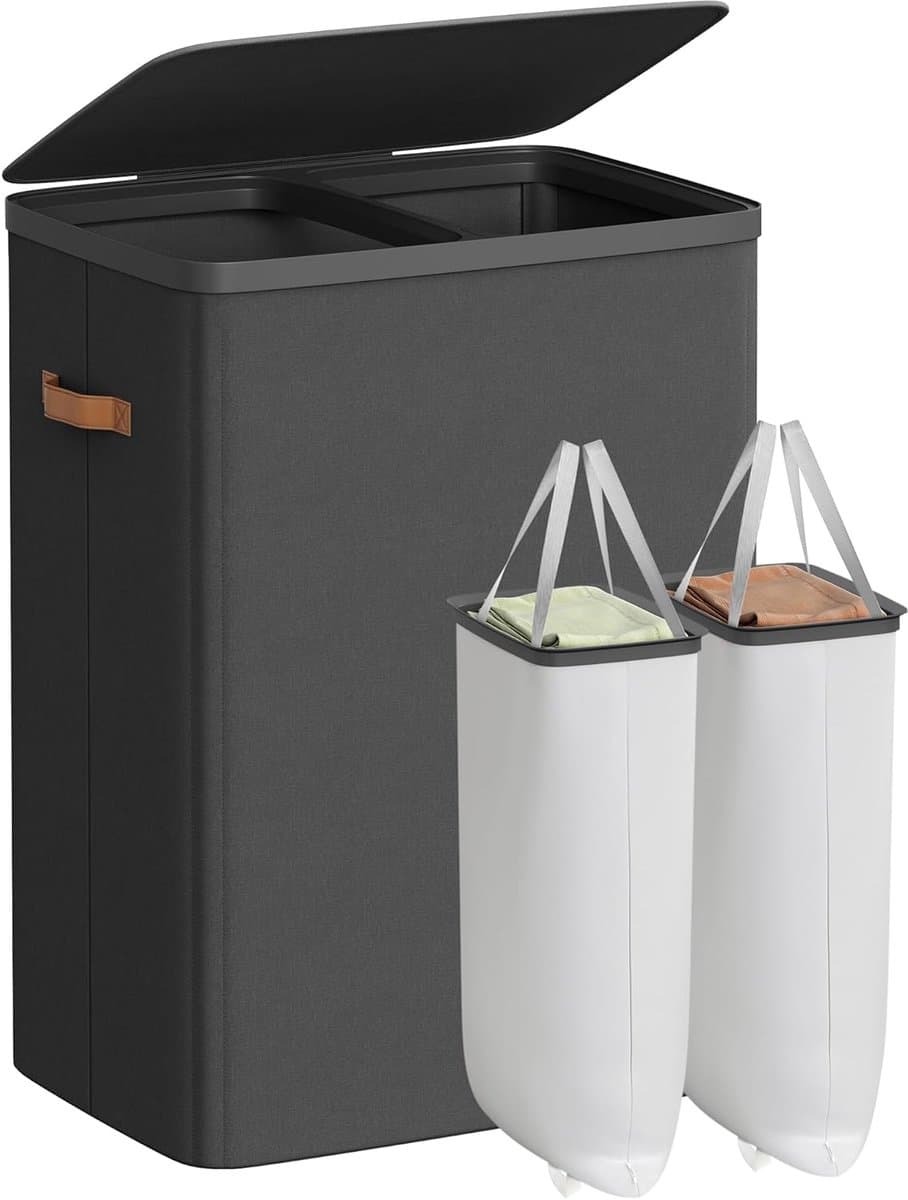 Grote Wasmand 170L – 2-vaks Wassorteerder – Met Deksel & Afneembare Binnenzakken - Zwart - 56x40x75 cm — afbeelding 1