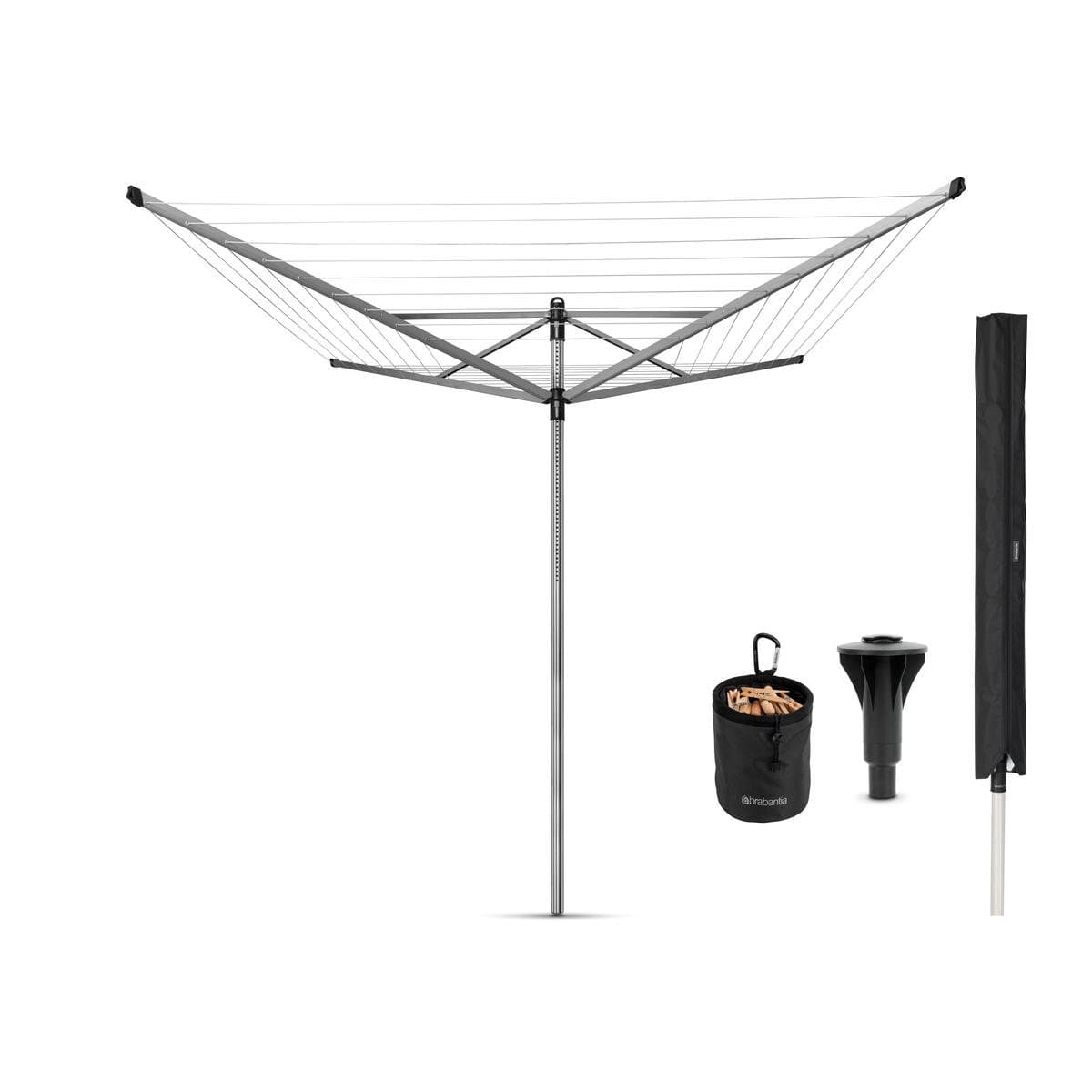 Brabantia Lift-O-Matic Advance Droogmolen - met Kunststof Betonanker, Beschermhoes en Wasknijpertasje - 60 m - Metallic Grey — afbeelding 1