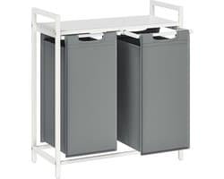 Wasmand, vuile wasmand, 2 vakken, 2 uitneembare Oxford stoffen zakken, plank, metalen frame, 2 x 46 l, 73 x 33 x 72 cm, wit en lichtgrijs
