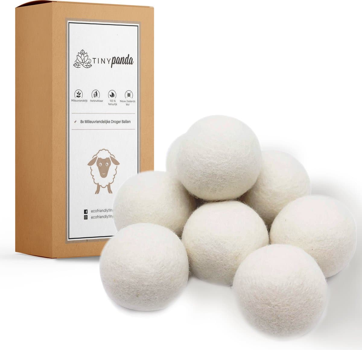 Droger Ballen XL 8 stuks – Zero waste Dryer Balls - Duurzaam – Wasverzachter – Herbruikbare Drogerballen – Droogt de was sneller – Tiny Panda — afbeelding 1