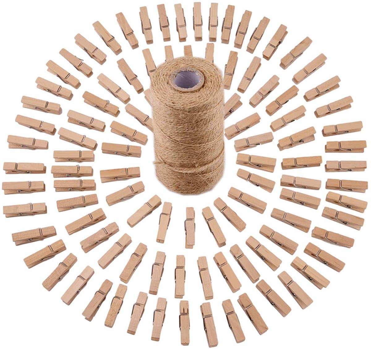 100 STUKS - Mini knijpers - 4.8 cm - Met 1 rol henneptouw (100m) - Houten clips voor fotos - Decoratie Clips - Fotohouder - Knijpers - Wasknijpers - Houtkleur — afbeelding 1