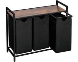 Brixy Wasmand 3 Vakken - Wassorteerder - Uitschuifbaar - Wasbox Metaal - 117L Inhoud - 90 x 33 x 70 cm - Zwart/Bruin