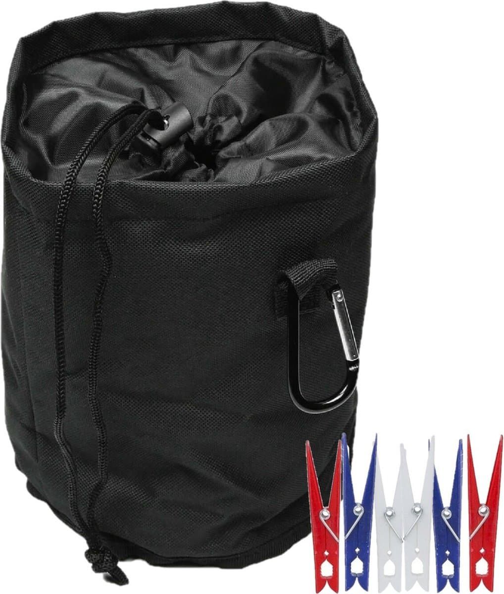 Wasknijpers mandje/zakje - met koord en karabijnhaak - D16 x H 18 cm - inclusief 36 wasknijpers — afbeelding 1