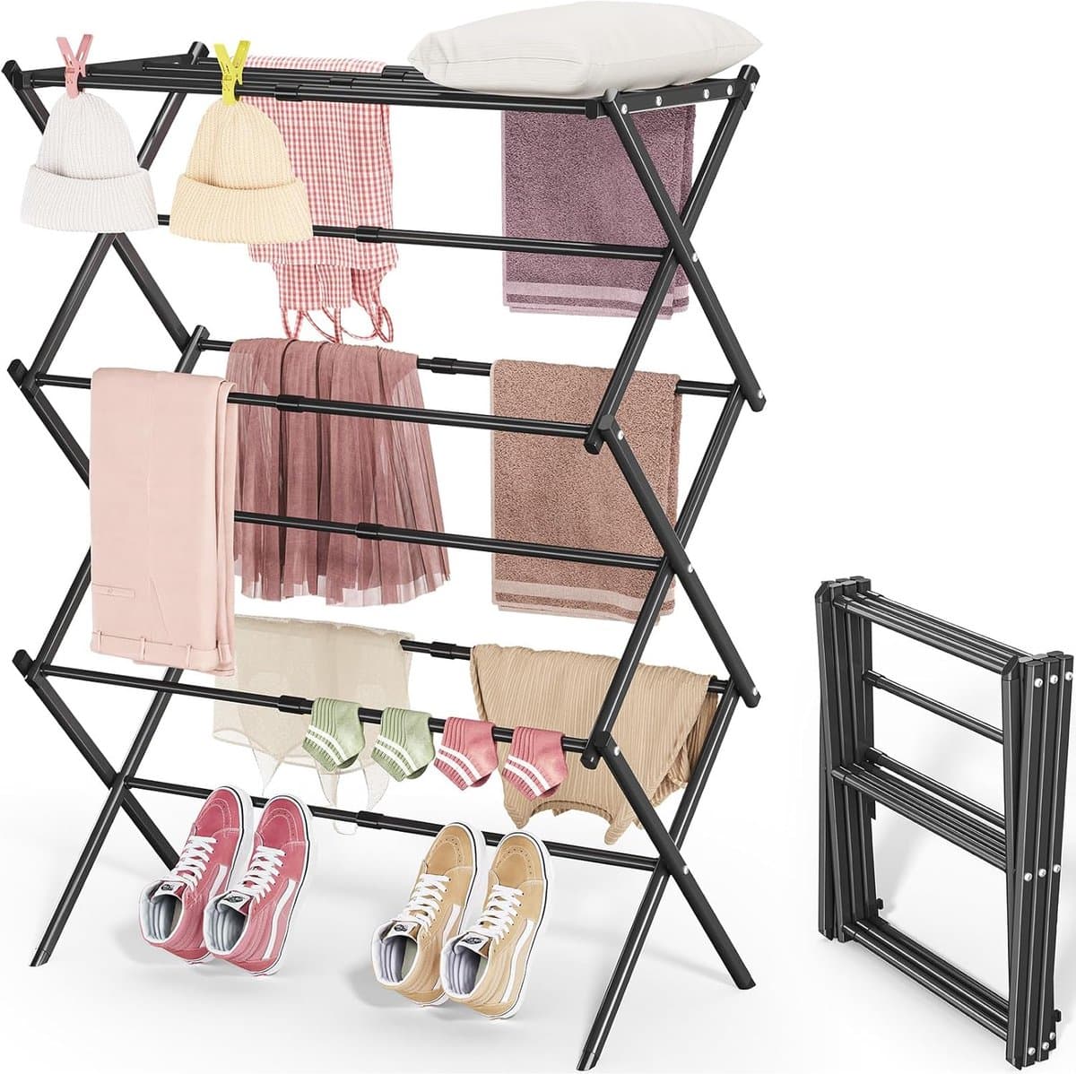 Droogrek - Kledingrek - inklapbaar en opvouwbaar - breedte verstelbaar 40-71 cm - 6 lagen met 11 stangen - compact en draagbaar - geschikt voor badkamer en kamperen — afbeelding 1