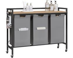 Varnox Wasmand kastje - Wasmandkastje - Tafel met wasmand - Wasmand met 3 vakken - Wassorteerder - Wasmand tafel - Badkamerkast - Wasmand meubel - Waszak - Wasmand rek - Light oak - Op wielen - Zwart metaal