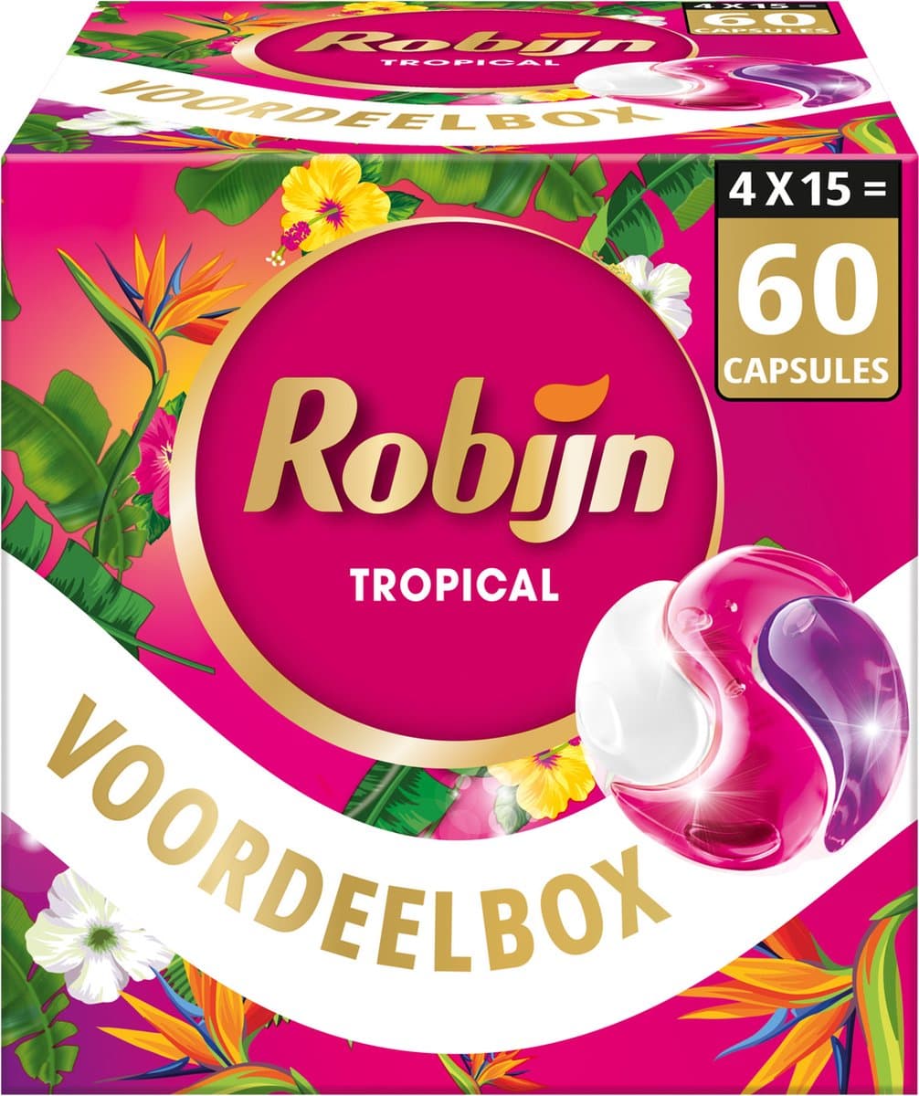 Robijn Wasmiddel - 3-in-1 Wascapsules - Color Tropical - Wasmiddel - 4 x 15 stuks - 60 Wasbeurten — afbeelding 1