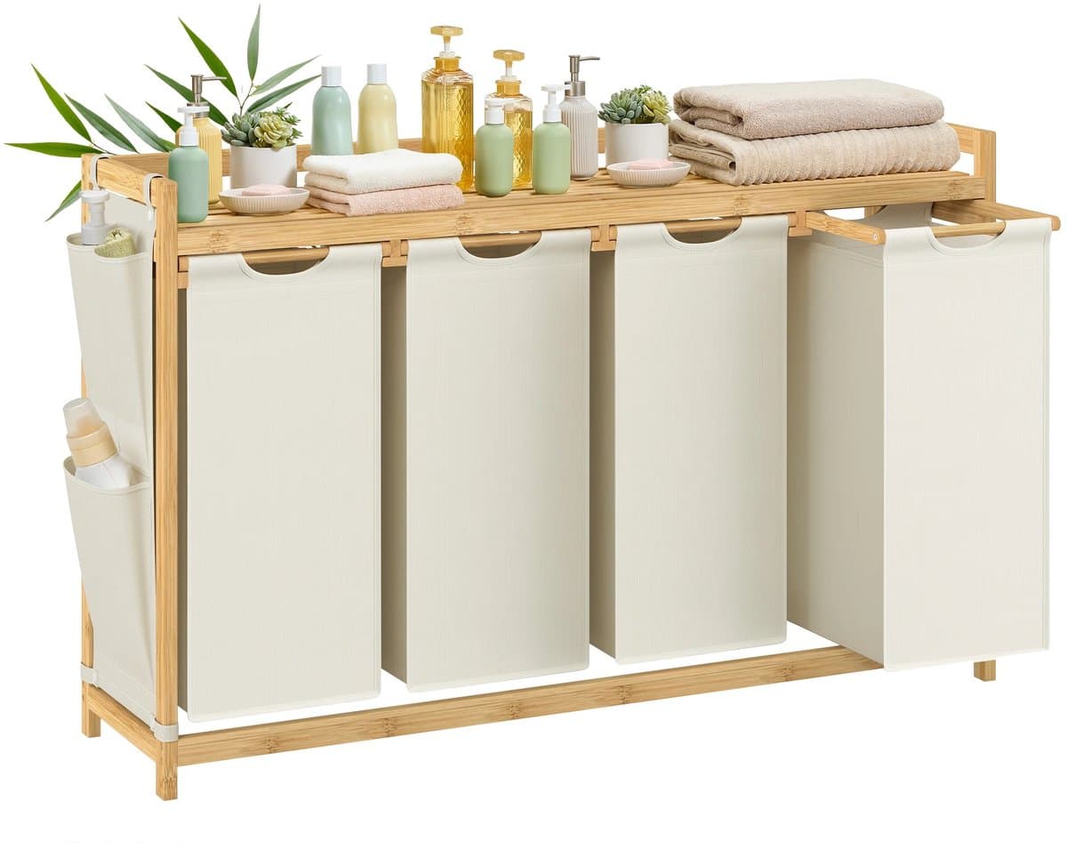 Damenzo - Wasmand - Wasmand met deksel - Kleding - Waszak - 4 Vakken - Wassorteerder - 200 Liter -124,6x33x78 cm - Wit - Bamboe — afbeelding 1