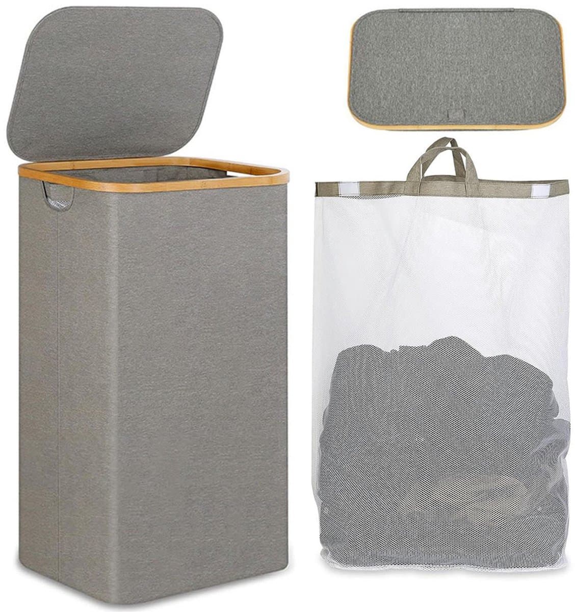 Wasmand Wasmand Met Deksel – 100L Grote Opslagcapaciteit – Opvouwbare Waszak Van Oxford Stof – Bamboe Wasbox Met Handgreep – Met Uitneembare & Wasbare Binnenzak – Grijs/Zwart – Voor Slaapkamer, Badkamer & Wasruimte — afbeelding 1