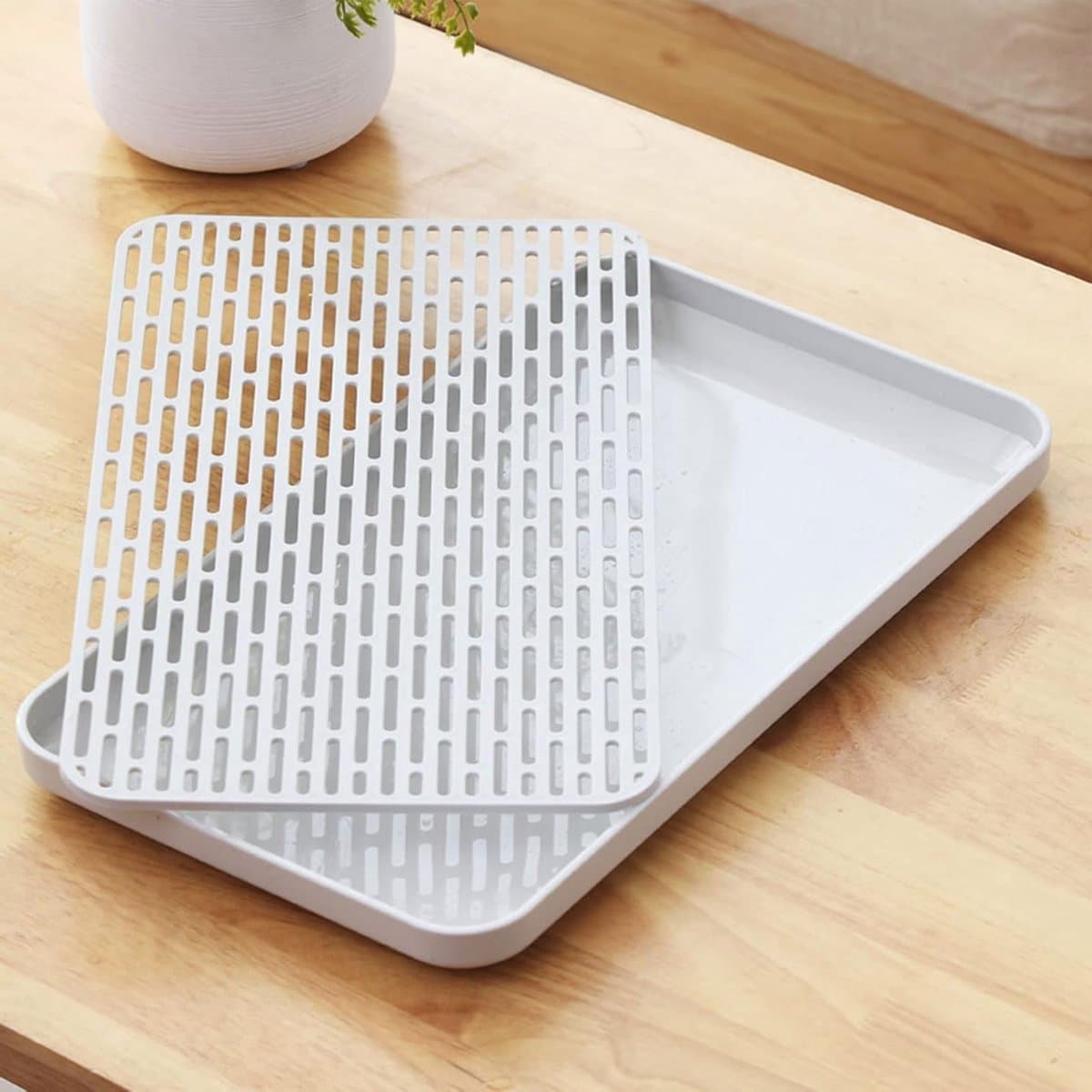 Keukenafvoersysteem met lekbak, multifunctioneel droogrek voor borden en bestek, 31x17 cm, wit, 1 stuk — afbeelding 1