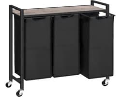 Wasmand met 3 uittrekbare oxfordzakken, legplank, metalen frame en wieltjes, Grijs 84x30x76,5cm, verrijdbaar voor badkamer en slaapkamer