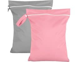 Waterdichte, opvouwbare reiswaszak 40 x 30 cm – set van 2 met rits en handvat, Geschikt voor natte kleding, zwemkleding, babyluiers, sport, strand, bagage en kinderen (grijs + roze)