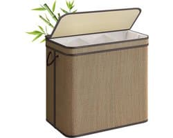 SONGMICS 3-delige wasmand met deksel, (170 L) Grote wasmand met 3 verwijderbare machinewasbare stoffen zakken, bamboe wasmand, handgrepen, voor badkamer, bruin LCB069K01