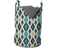 ABAKUHAUS Geometrische waszak, zigzag en diamanten, wasmand met handvatten en trekkoord voor wasserettes, turquoise blush en kaki