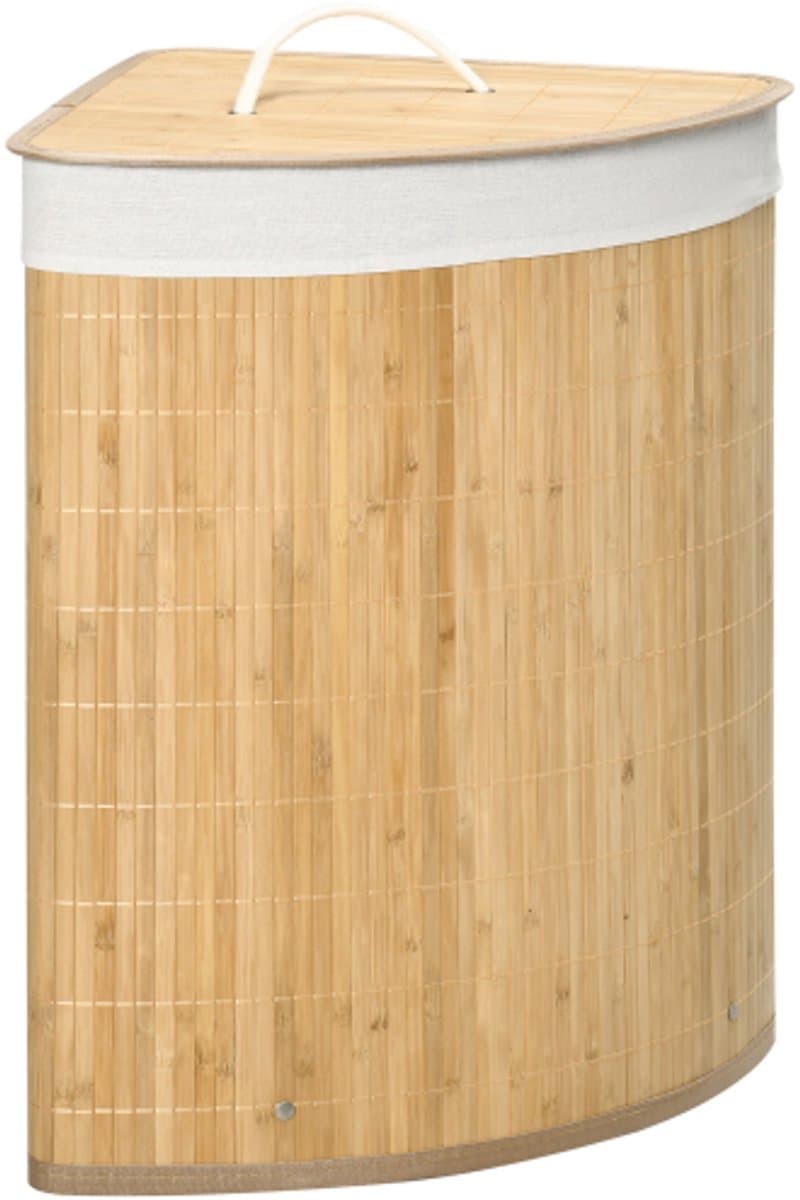 Bamboe Wasmand Hoek 38x38x57cm Natuurlijke Houtkleur 55L met Deksel Uitneembare Zak Ventilatiegaten voor Slaapkamer Badkamer Wasruimte — afbeelding 1