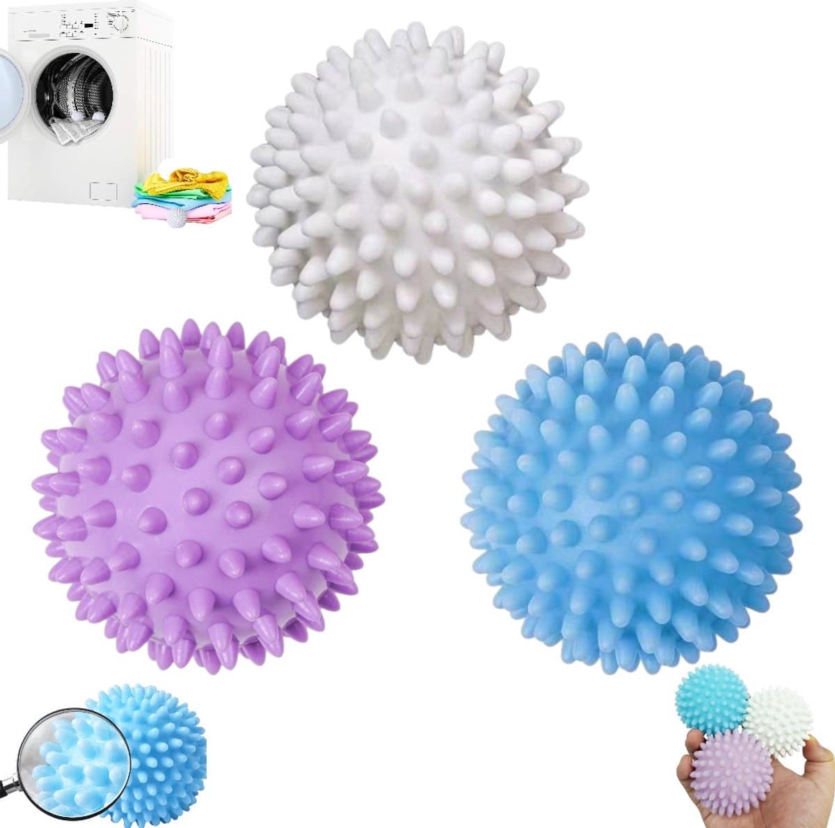 3 stuks - Wasballen - Reinigingsballen voor de wasmachine - Herbruikbare droogballen - Paars + Wit + Blauw - Droogballen - Droogballen - Wasballen die haar opvangen - Droogballen die haar tegenhouden — afbeelding 1