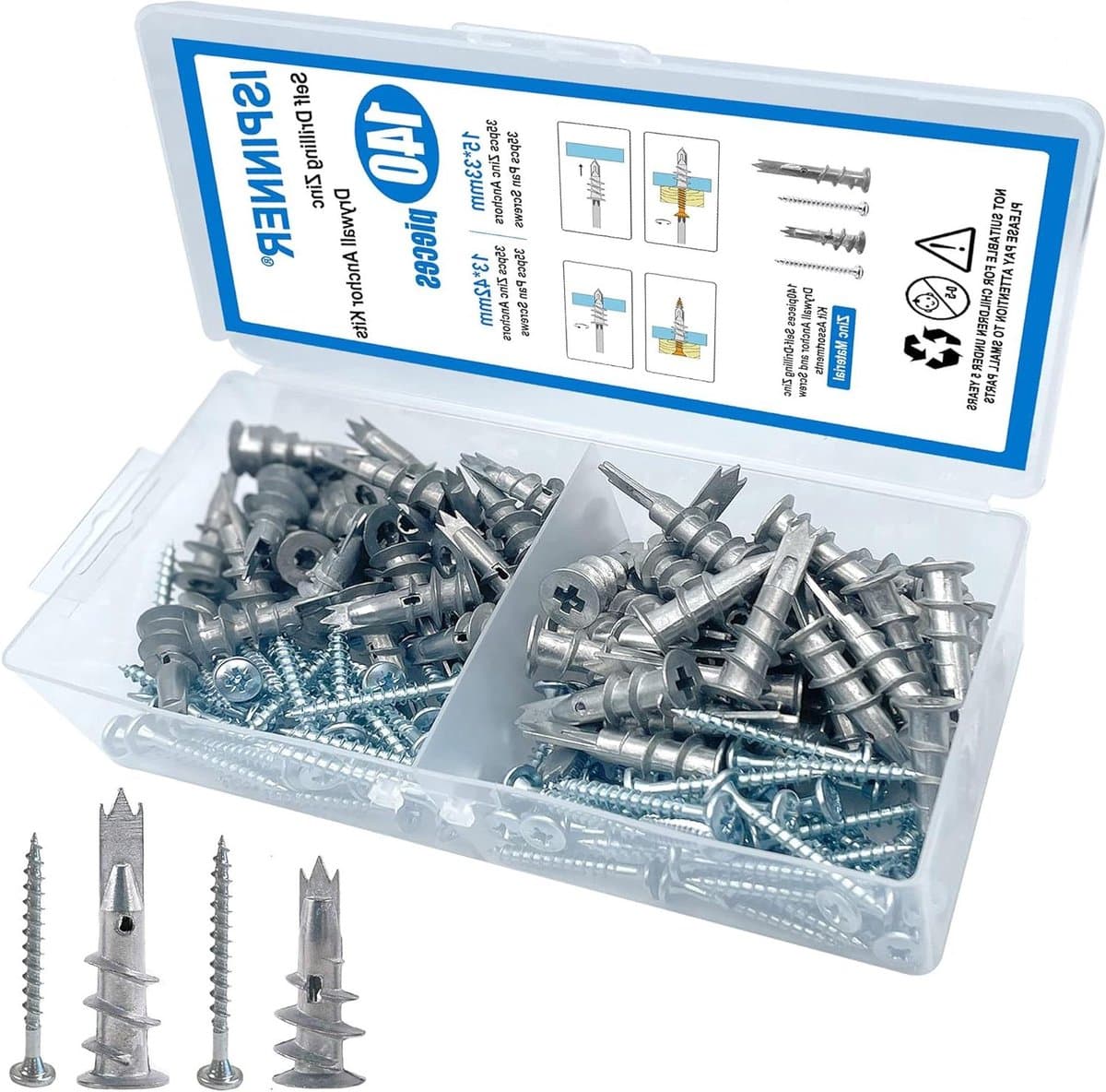 ISPINNER 140 stuks zink droogwandankers zelfboren holle wandankers met schroeven assortiment kit (13 x 42 mm + 15 x 33 mm) — afbeelding 1