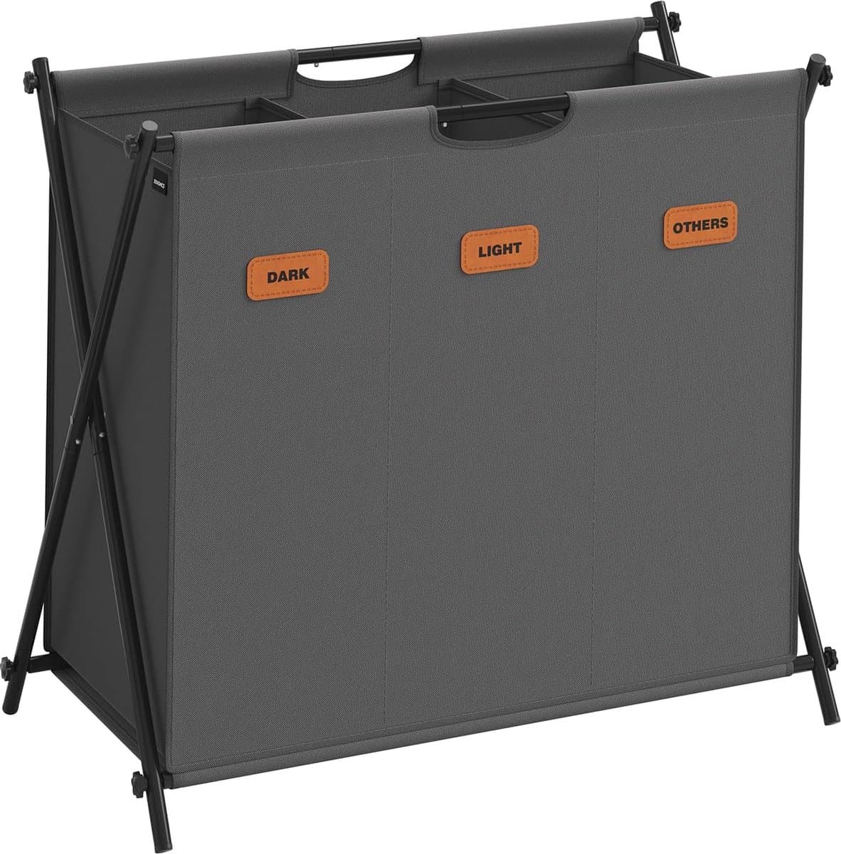 FurnStar - Wasmand - wasverzamelaar - 135 liter - wasbox - 3 vakken - inklapbaar X-frame - individuele etiketten - voor bijkeuken - slaapkamer - badkamer - 70 x 40 x 66 cm - grijs — afbeelding 1