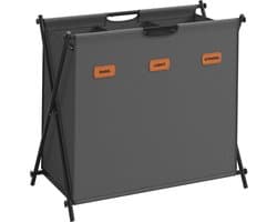 FurnStar - Wasmand - wasverzamelaar - 135 liter - wasbox - 3 vakken - inklapbaar X-frame - individuele etiketten - voor bijkeuken - slaapkamer - badkamer - 70 x 40 x 66 cm - grijs