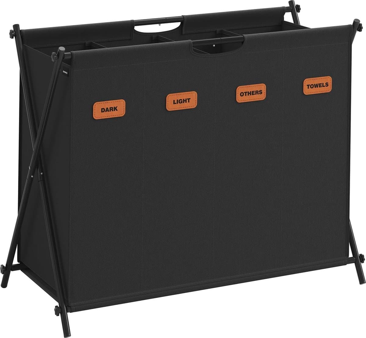 FurnStar - Wasmand - wasverzamelaar - 155 liter - wasbox - 4 vakken - inklapbaar X-frame - individuele etiketten - voor bijkeuken - slaapkamer - badkamer - 79,9 x 40 x 66 cm - Inktzwart — afbeelding 1