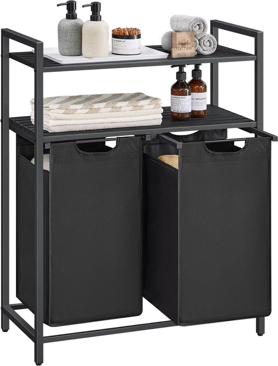 O'DADDY® Wasmand met 2 Vakken & 2 Planken - 76 Liter - Wassorteerder Uitschuifbaar - Was Organizer - Laundry Basket - Wasbox - Wasmanden - Dubbele Wasmand - Zwart/Bruin — afbeelding 1