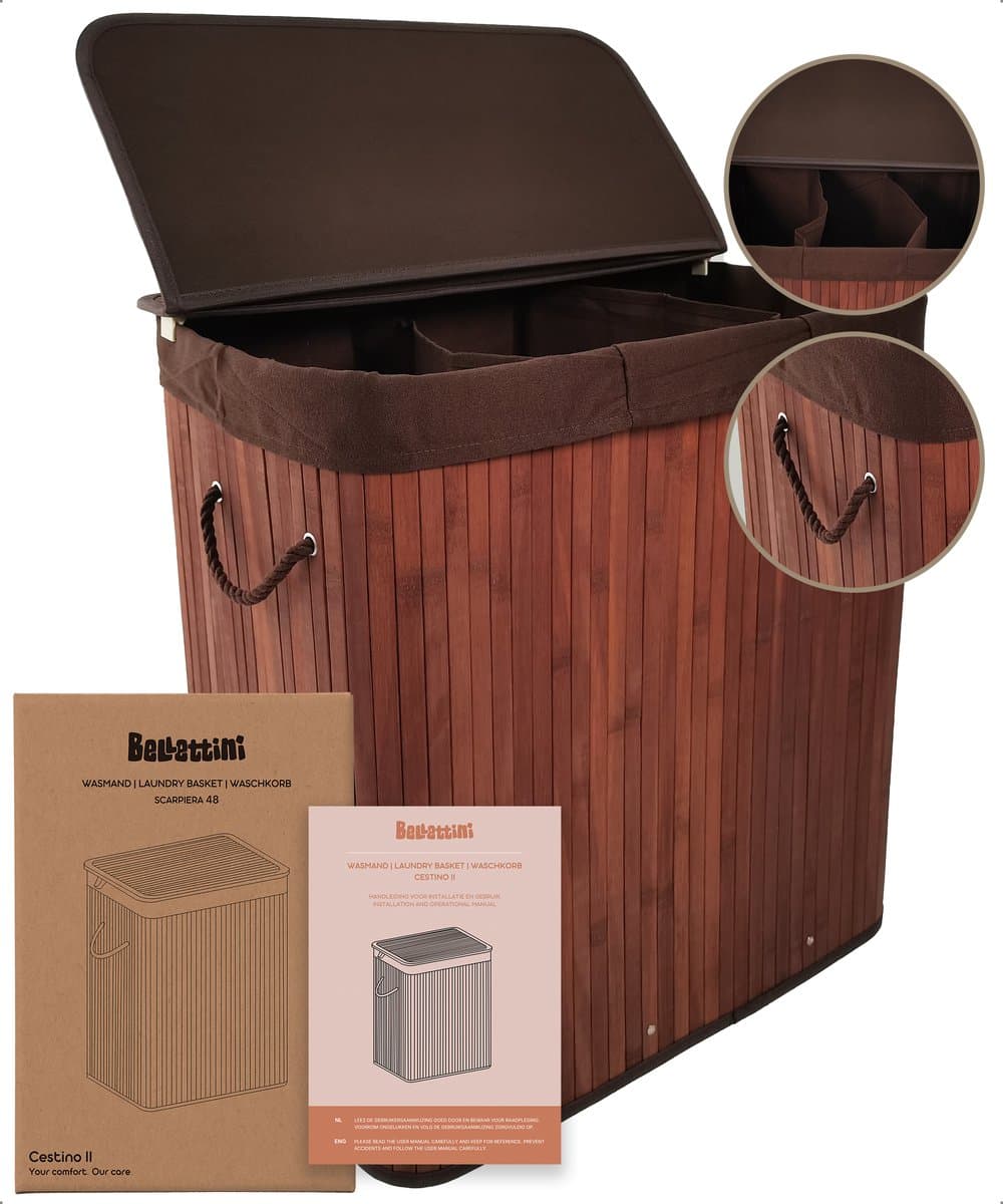 Bellettini® Bamboe Wasmand met Deksel - 3 Compartimenten Wassorteerder - 155 Liter - Bruin — afbeelding 1