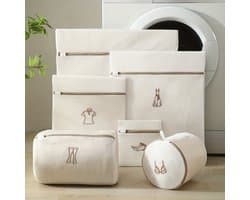 Kraftverdia - 6-delig Waszakken - Set voor de Wasmachine - Bescherming voor wasgoed - Ademende Mesh - Voor Kleding, Sok en Lingerie - Herbruikbaar - Groot met Rits - Beige