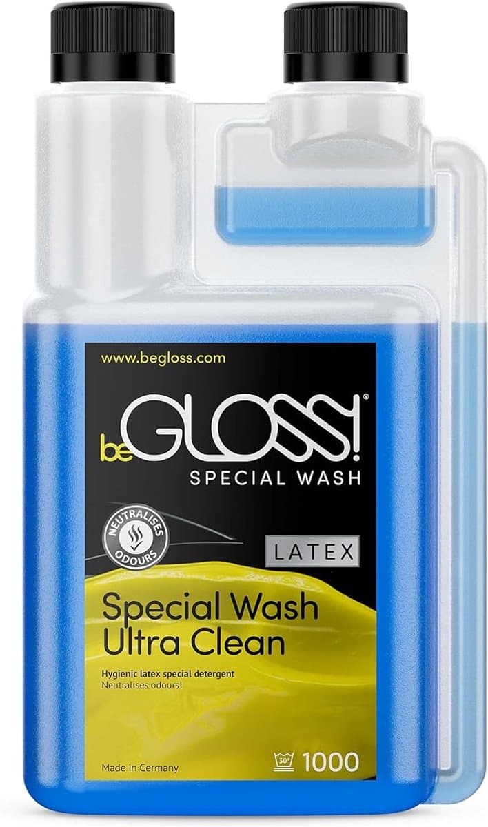BeGLOSS XXL - Latex - Special Wash Ultra Clean - 1000 ml. - 1 liter - grote platte fles met dop wasmiddel speciaal voor latex en rubber kleding. — afbeelding 1