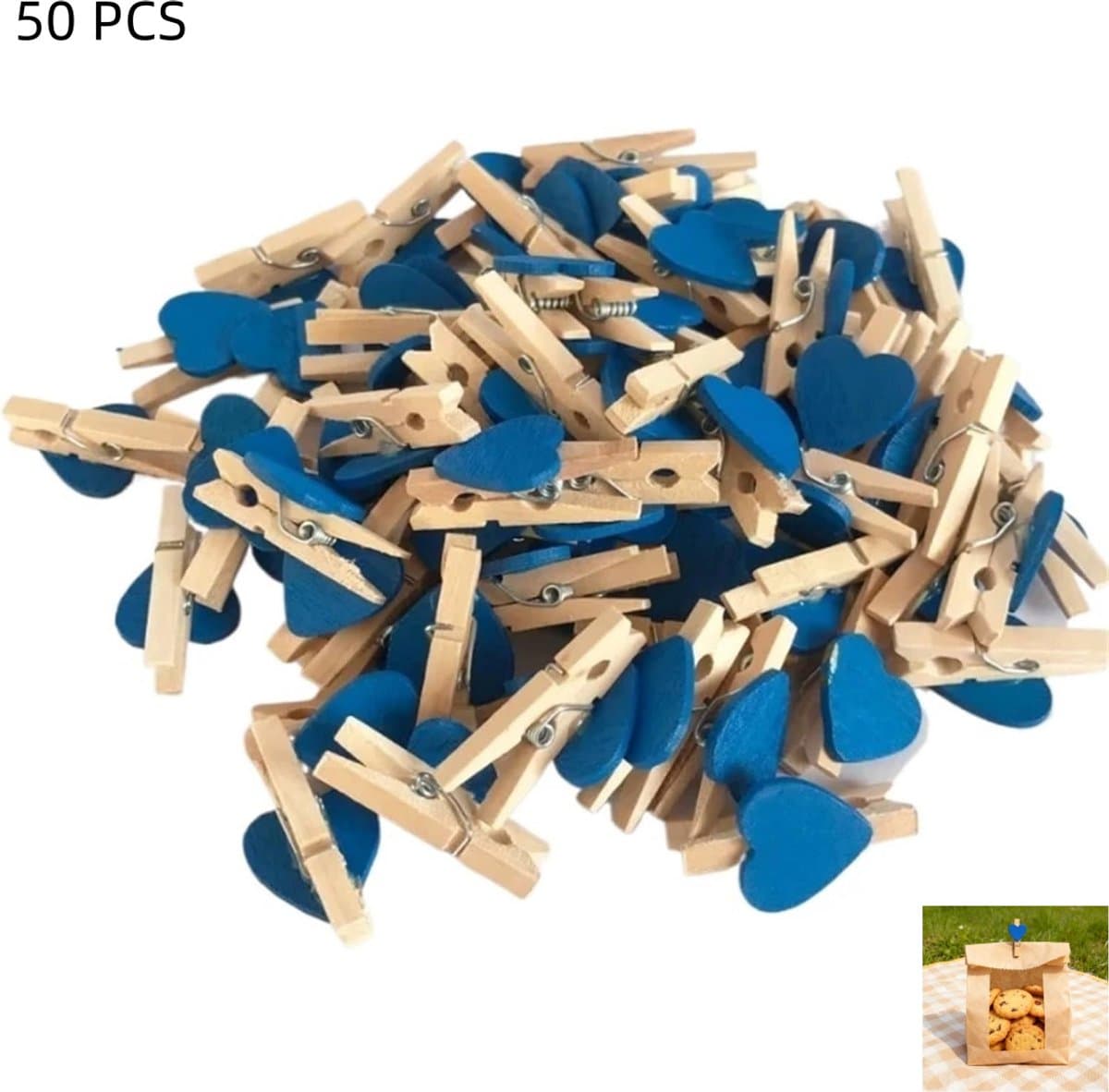 50 stuks - Blauwe mini-wasknijpers - kleine wasknijpers - 3 cm fotoknijpers met hart - met hartdesign - voor kinderen, kaarthouders en decoratie - diepblauw - 3×1.7cm — afbeelding 1