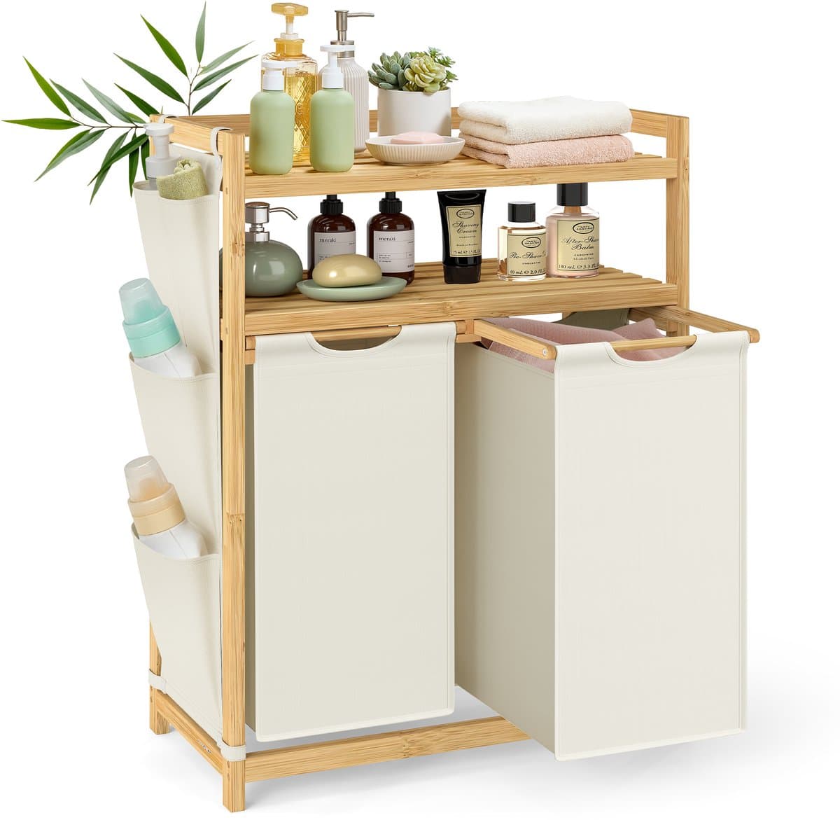 SONGMICS - Wasmand - Wasmand met 2 Compartimenten - Bamboe - Met Plank en Zijvakken — afbeelding 1