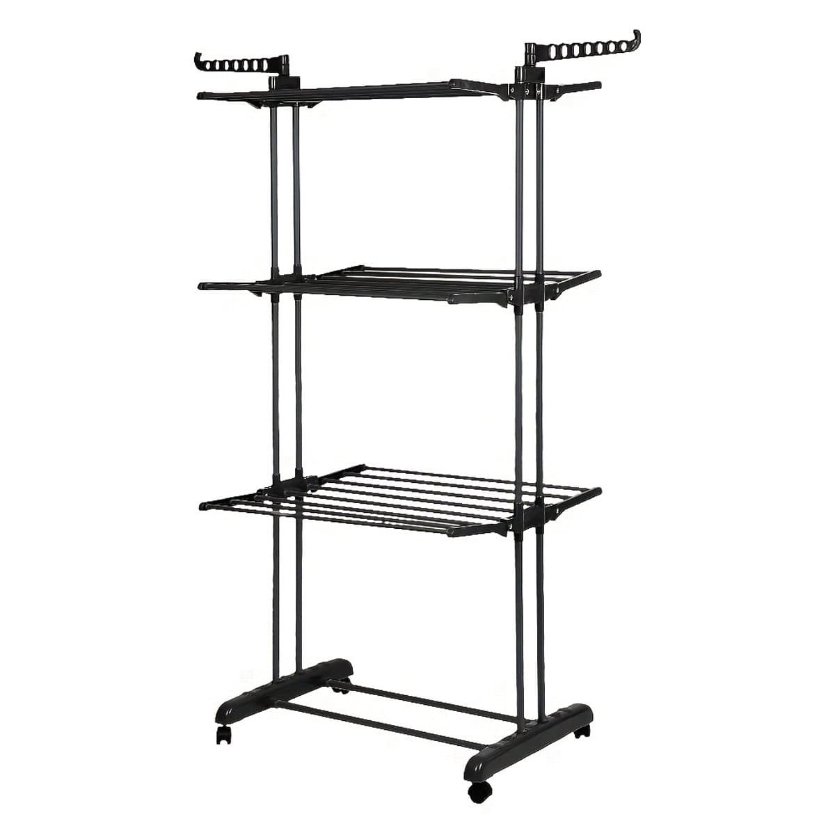 4-Laags Wasrek met Draaibare Zijvleugels – Opvouwbaar Droogrek met Planken & Wieltjes – 75 x 49 x 170 cm Zwart — afbeelding 1