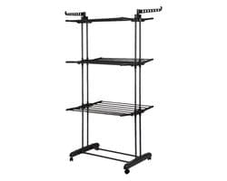 4-Laags Wasrek met Draaibare Zijvleugels – Opvouwbaar Droogrek met Planken & Wieltjes – 75 x 49 x 170 cm Zwart