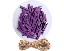 50 Mini Houten Knijpers met Jute Touw - Kleine Klemmetjes voor Foto's, Knutselen en Decoratie