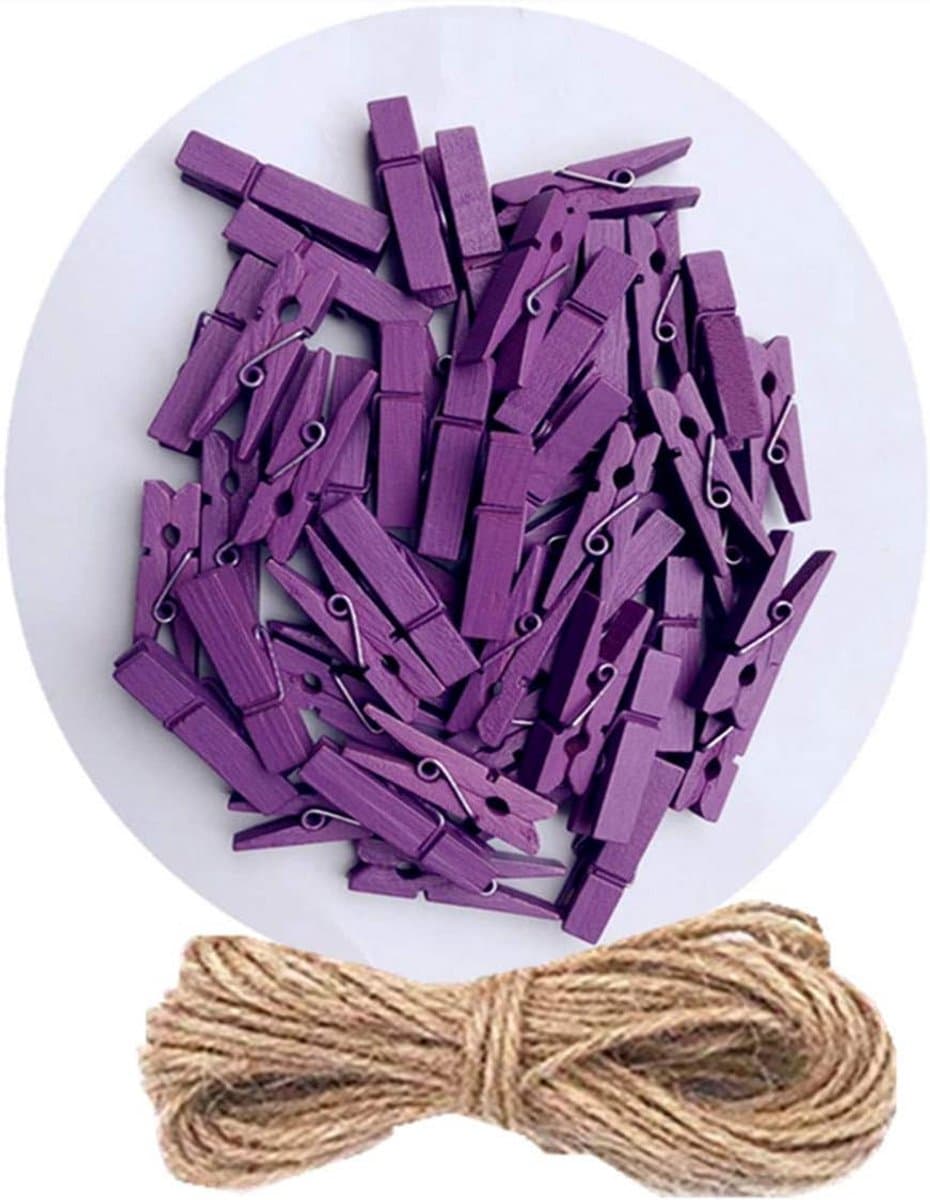 50 Mini Houten Knijpers met Jute Touw - Kleine Klemmetjes voor Foto's, Knutselen en Decoratie — afbeelding 1