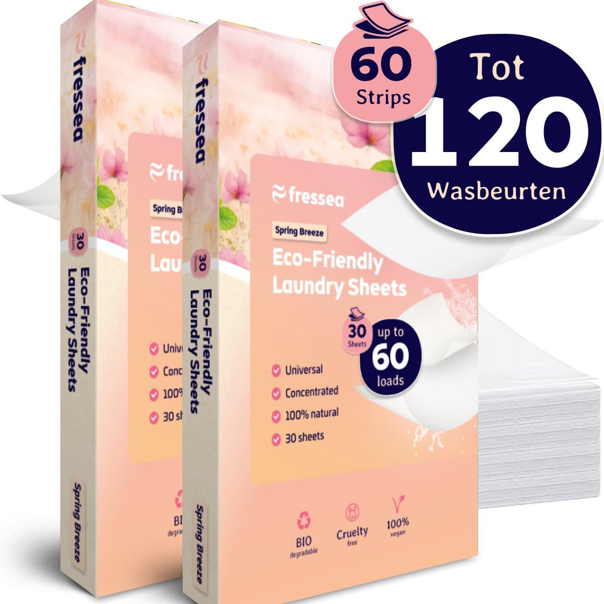 Fressea Wasstrips 120 Wasbeurten - Wasmiddel Strips - Plasticvrij & Vegan Wasmiddeldoekjes (Lentebloesem) — afbeelding 1