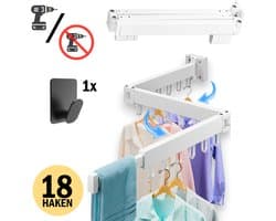 PLAY IT Wanddroogrek 127cm Inklapbaar 18 Haken Wit - Wasrek/Droogrek Hangend + 1 Handdoek Haakje