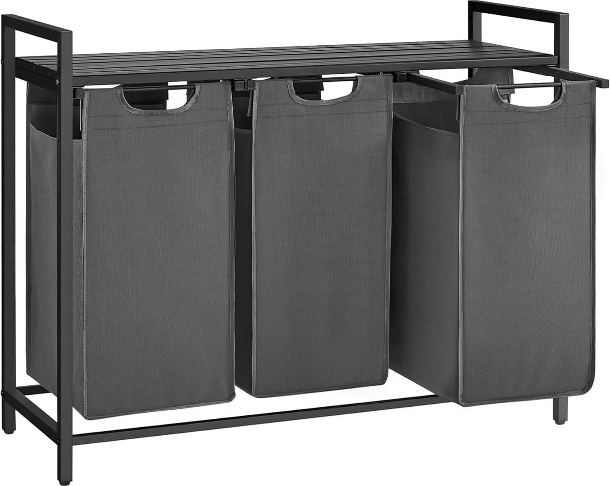 Furnstar Wasmand - Wasverzamelaar met plank - Wasbox - Afneembare waszak van Oxford weefsel - 3 vakken - Metalen frame - 120L - 92,5 x 33 x 72 cm - Leigrijs Antracietgrijs — afbeelding 1