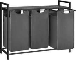 Furnstar Wasmand - Wasverzamelaar met plank - Wasbox - Afneembare waszak van Oxford weefsel - 3 vakken - Metalen frame - 120L - 92,5 x 33 x 72 cm - Leigrijs Antracietgrijs