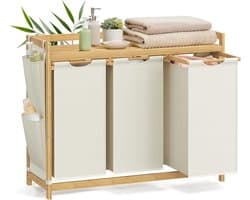 Conway Living® Wasmand 3 vakken – wassorteerder - wasmanden - wasbox - wasmand hout - wasmand - wasmanden bruin - 150 liter - 3 zakken - uitschuifbaar met plank - 94 x 33 x 78 cm